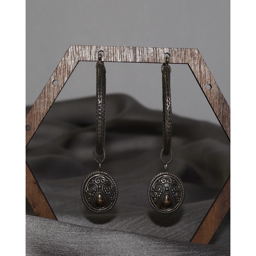 BA Suarti Bali Indonesia Sterling Silver & 18k Dangle Hoop Earrings 13.27G / 2.2